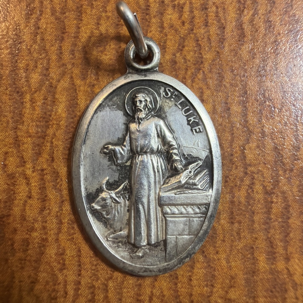 Sterling Silver St. Luke Two Sided Pendant Marked Sterling, Italy, Chris